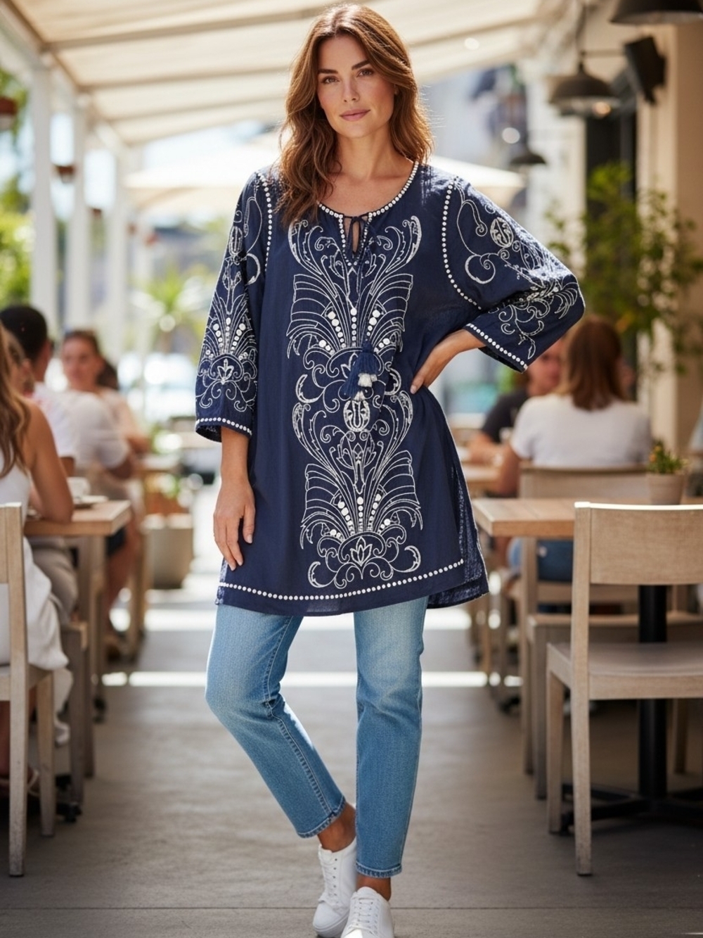 Sundance Navy Tunic with White Embroidered Motif
